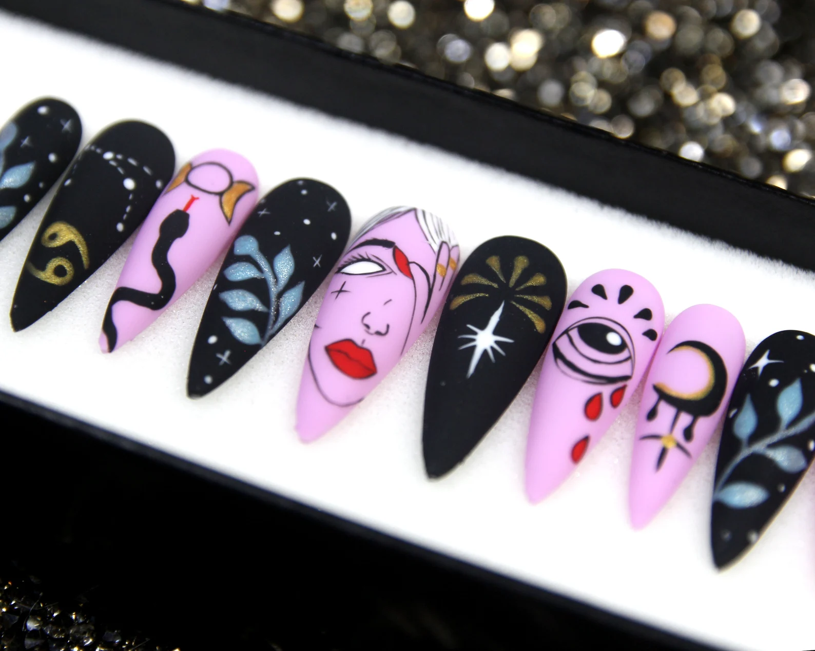 Mystique Night Press On Nails: Floral Glitter Stiletto Nail Set - Image 3