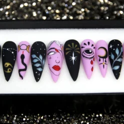 Mystique Night Press On Nails: Floral Glitter Stiletto Nail Set