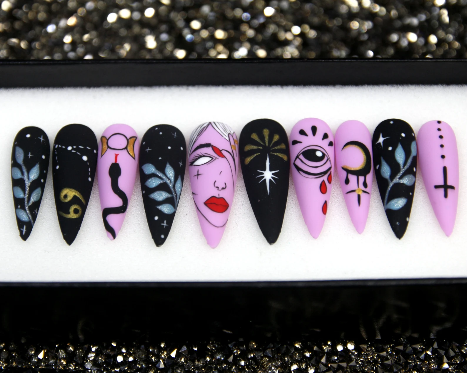 Mystique Night Press On Nails: Floral Glitter Stiletto Nail Set