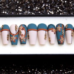 Matte Latte Autumn Nails – Elegant Coffin Press On, Kawaii Wedding Set, Japanese Style V108