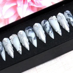 Alternative view of Rare Pearl Marble Nails – Long Stiletto Press On, Ocean Glam Marble Wedding Set V118