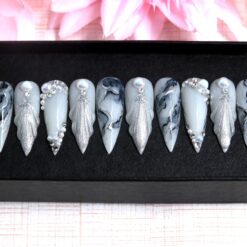 Rare Pearl Marble Nails – Long Stiletto Press On, Ocean Glam Marble Wedding Set V118