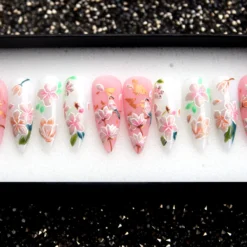 Secret Garden Floral Press On Nails – Hand-Painted 3D Stiletto Nails, Kawaii Japanese Style V134