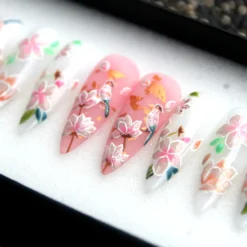 Alternative view of Secret Garden Floral Press On Nails – Hand-Painted 3D Stiletto Nails, Kawaii Japanese Style V134
