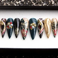 Japanese Floral Press On Nails: Crystal Coffin Y2K Festive Nails