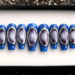 Handmade Blue Coffin Press On Nails: Luxury Galaxy False Nails