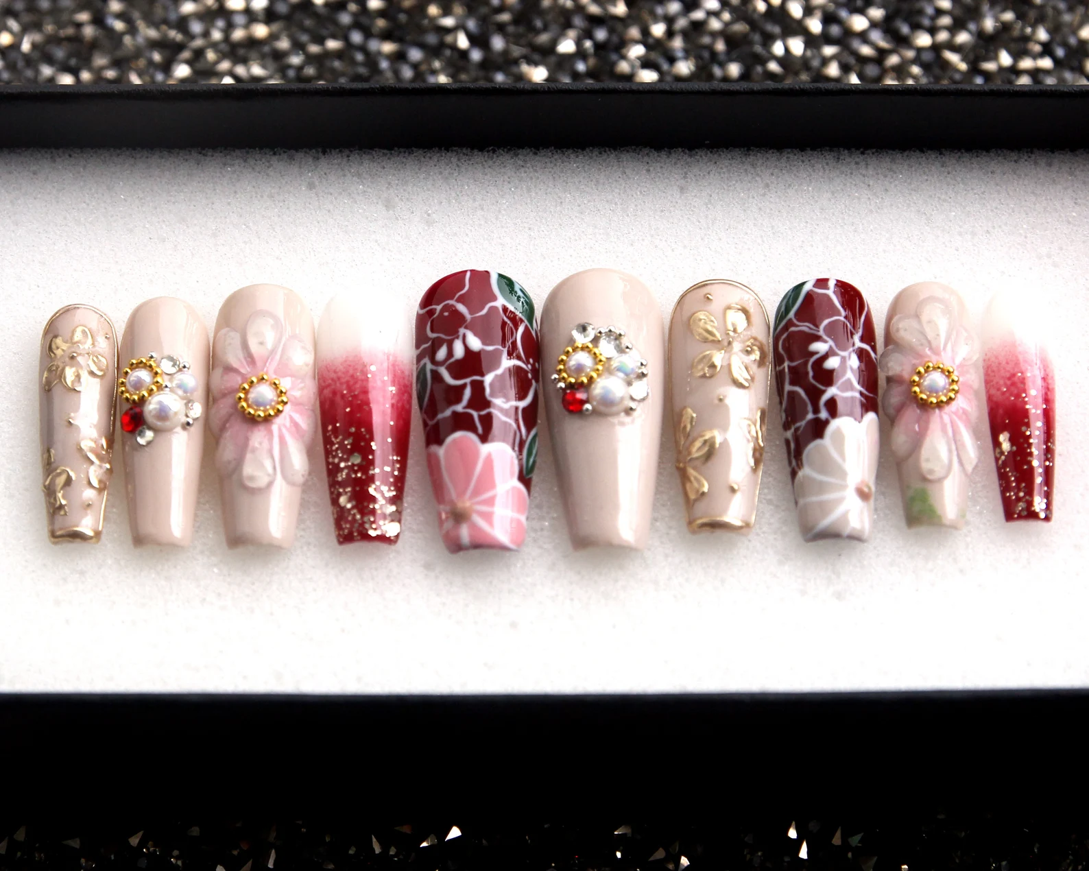 Handmade Ceramic Pattern Press On Nails: Bridal Coffin False Nails