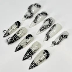 Alternative view of Silver Reptiles & Black Blooming on White Long Stiletto Press On Nails, Handpainted Luxury Acrylic Gothic/Goth Fake Nails, Emo Y2K Style