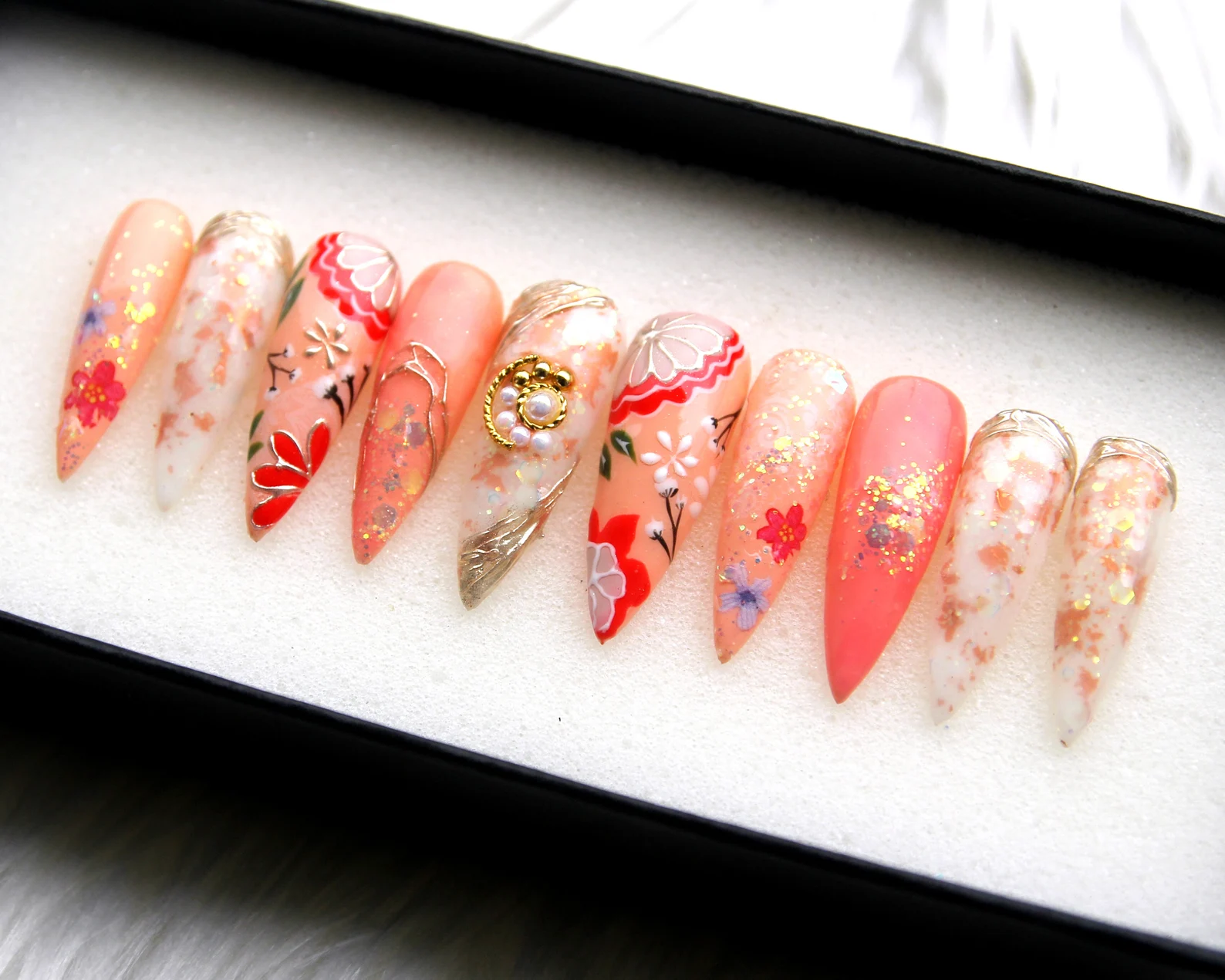 Holographic Garden Press On Nails: Y2K Orange Pastel Stiletto, 3D Kawaii Nail Art - Image 3