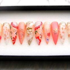 Holographic Garden Press On Nails: Y2K Orange Pastel Stiletto, 3D Kawaii Nail Art