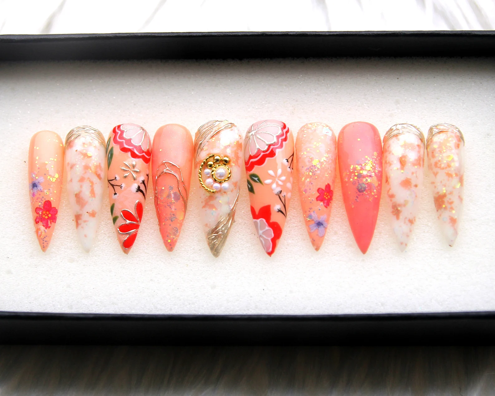 Holographic Garden Press On Nails: Y2K Orange Pastel Stiletto, 3D Kawaii Nail Art