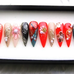 Japanese Spring Flower Press On Nails: Red Glitter Stiletto Nails V182