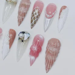 Alternative view of Beach Holiday Summer Vibe Long Stiletto Press On Nail, Custom Handpainted Acrylic Summer, Spring False Nail, Mermaid Nails