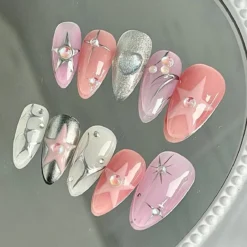 Alternative view of Pink Y2K Nail Set | Press On Nails with Mirror Finish and Sliver Pink Colors | 3D Gel x Nails | Nail Art | Gift For Mom