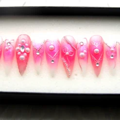 Pink Ombre Press On Nails: Y2K Crystal 3D Fake Nails