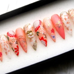 Alternative view of Holographic Garden Press On Nails: Y2K Orange Pastel Stiletto, 3D Kawaii Nail Art