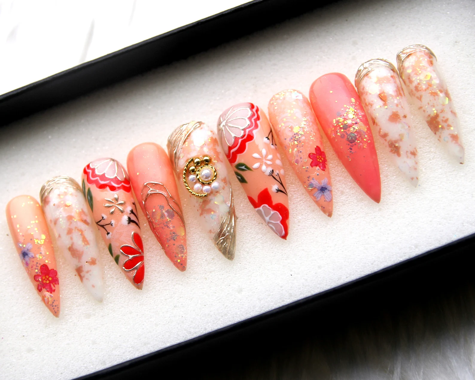 Holographic Garden Press On Nails: Y2K Orange Pastel Stiletto, 3D Kawaii Nail Art - Image 2