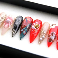 Alternative view of Japanese Spring Flower Press On Nails: Red Glitter Stiletto Nails V182