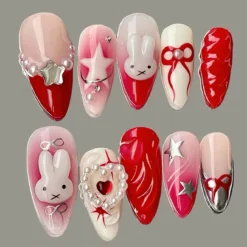 Mechanic Press On Nails | Easter Nails | Rabbit Design | Red Ombre Nails | Gel Fake Nails | Y2K Nail | Long Stiletto Nails 10Pcs