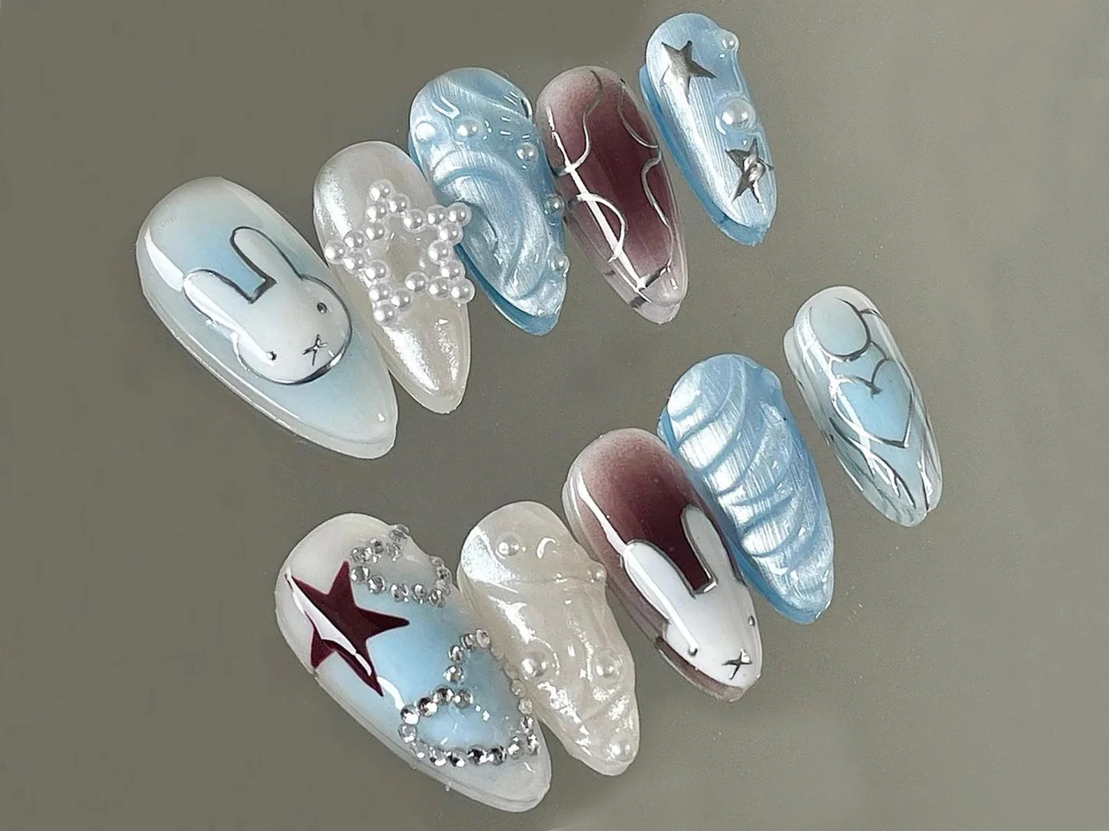 Cute Press On Nails : Pretty Blue and White Nails With 3D Patterns | Unique Nail Decoration Product | Kawaii Nails | Easter Nails - Image 2