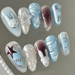 Cute Press On Nails : Pretty Blue and White Nails With 3D Patterns | Unique Nail Decoration Product | Kawaii Nails | Easter Nails