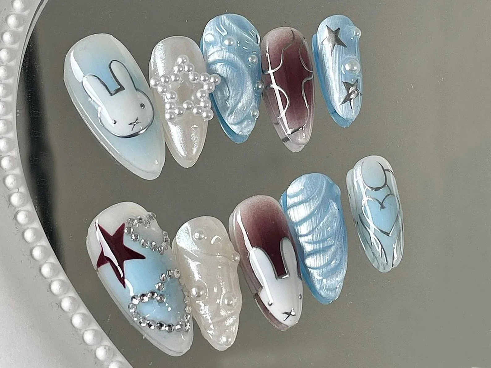 Cute Press On Nails : Pretty Blue and White Nails With 3D Patterns | Unique Nail Decoration Product | Kawaii Nails | Easter Nails