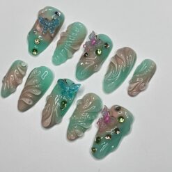 Alternative view of Aura Summer With Butterfly Medium Almond Press on nails, Summer Fake/False Nails, Prom Nails, 3D Gel Nail Art