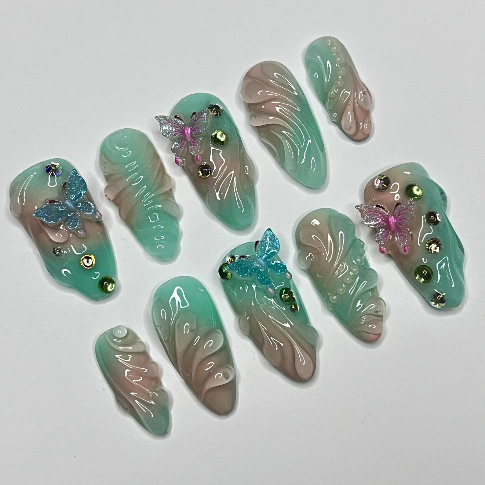 Aura Summer With Butterfly Medium Almond Press on nails, Summer Fake/False Nails, Prom Nails, 3D Gel Nail Art - Image 3