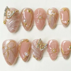 Glamorous Pink Press On Nails | Gold Butterfly Press On Nails with Pearls and Flowers | Stand Out with 3D Gel Nail Set