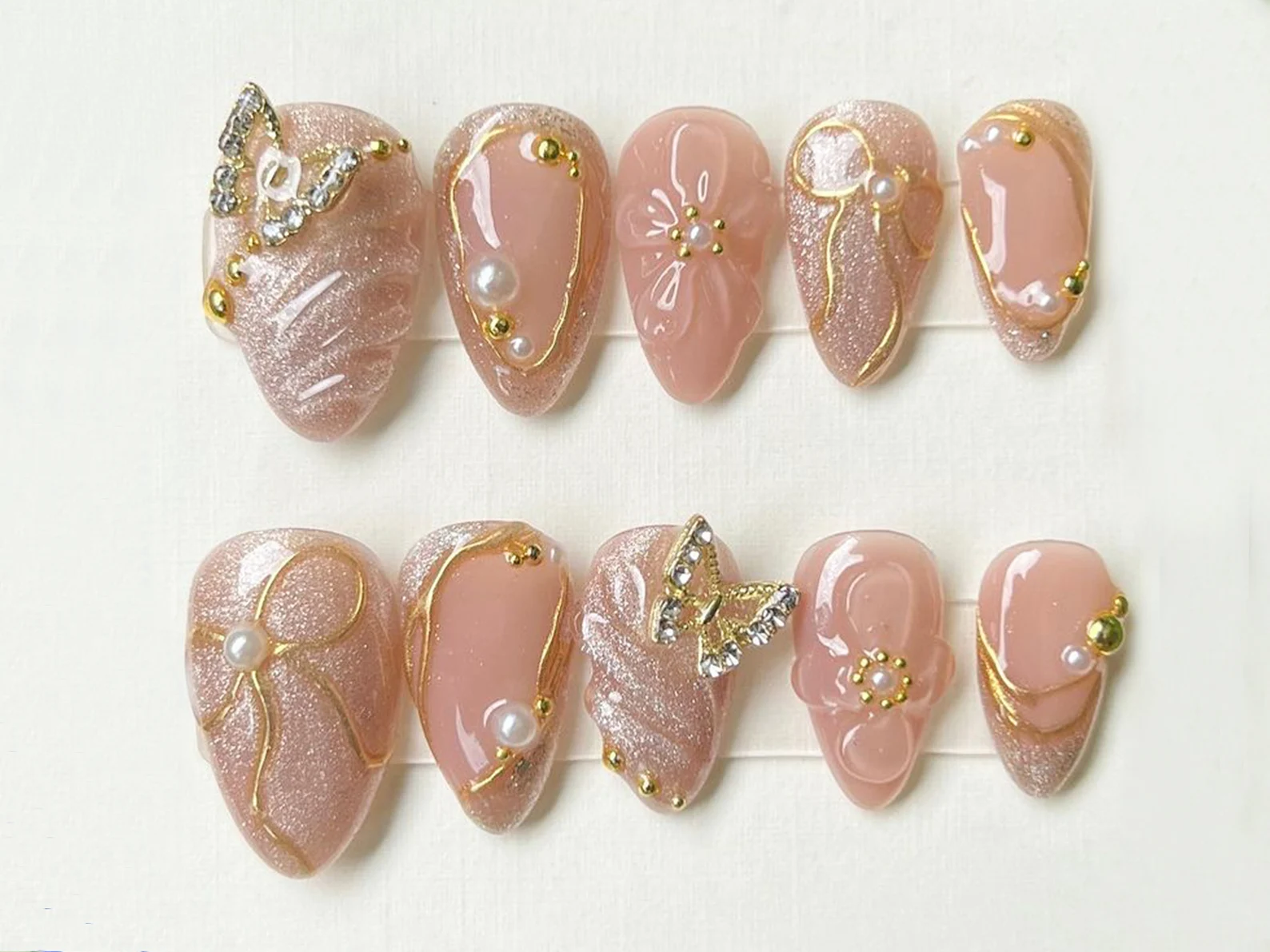 Glamorous Pink Press On Nails | Gold Butterfly Press On Nails with Pearls and Flowers | Stand Out with 3D Gel Nail Set