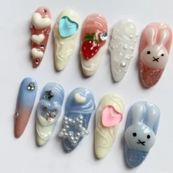 Alternative view of Cute Bunny Long Almond Press On Nails | Cute Bunny False Nails Art | Nails for Holiday Birthday Easter | Gift for Her