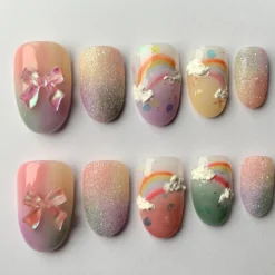 Dreamy Sky Press On Nails | Rainbow Sky Design with Bow Charms | Colorful Press On Nails Almond | Air Brush Pink Fake Nails