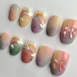 Alternative view of Dreamy Sky Press On Nails | Rainbow Sky Design with Bow Charms | Colorful Press On Nails Almond | Air Brush Pink Fake Nails