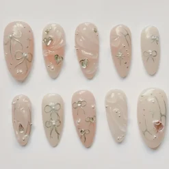 Pastel Pink Gel Nails | Gel-Embossed Press On Nails with Elegant Designs | Natural Nail Art | Bow Nails | The Perfect Choice