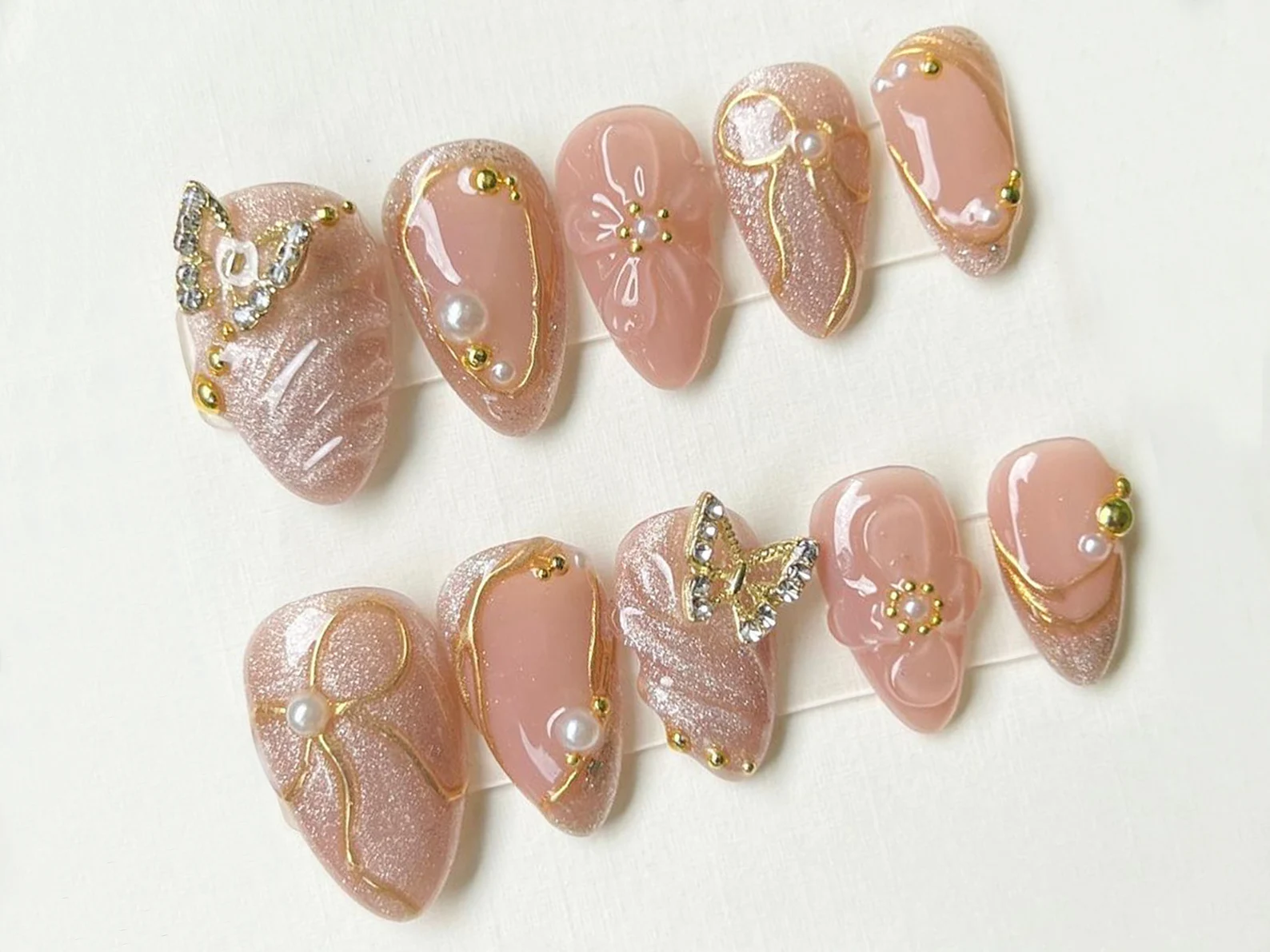 Glamorous Pink Press On Nails | Gold Butterfly Press On Nails with Pearls and Flowers | Stand Out with 3D Gel Nail Set - Image 3