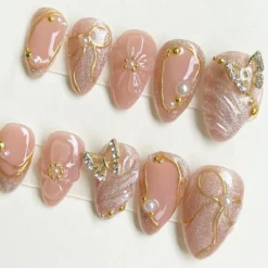 Alternative view of Glamorous Pink Press On Nails | Gold Butterfly Press On Nails with Pearls and Flowers | Stand Out with 3D Gel Nail Set