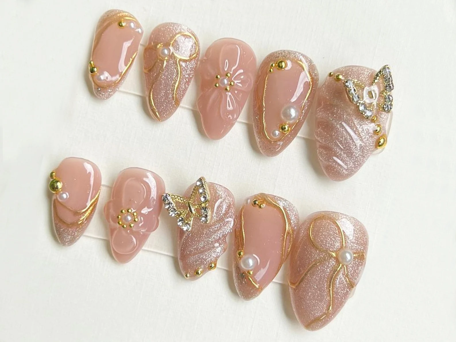 Glamorous Pink Press On Nails | Gold Butterfly Press On Nails with Pearls and Flowers | Stand Out with 3D Gel Nail Set - Image 2