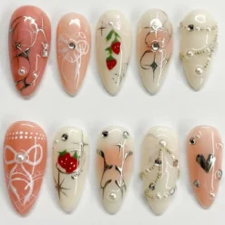 Elegant Handcrafted Press-On Nails | Delicate Charms and Chic Embellishments | Spring Fake Nails | Floral Nails | Fairycore Nails