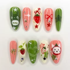 Ghibli Long Almond Press On Nails | Free Style Handpainted Cartoon in Fake Nails | Anime Nails Art | Miffy Nails | Abstract Nails