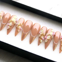 Alternative view of Pearl Flower Press On Nails: Hand-Painted Gold Stiletto Fake Nails