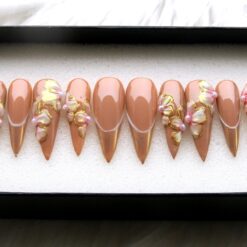 Pearl Flower Press On Nails: Hand-Painted Gold Stiletto Fake Nails