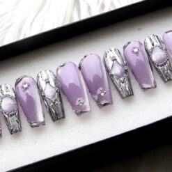 Alternative view of Lavender Gothic Press On Nails: Elegant 3D Cat-Eye Stiletto False Nails
