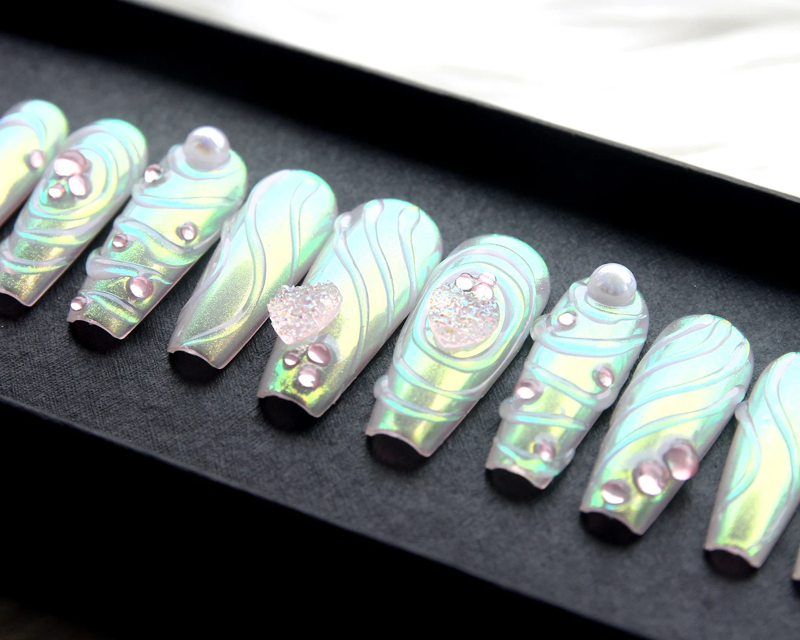 Pearl Aurora Chrome Nails | Y2K Kawaii Press On With Iridescent Finish V194 - Image 2