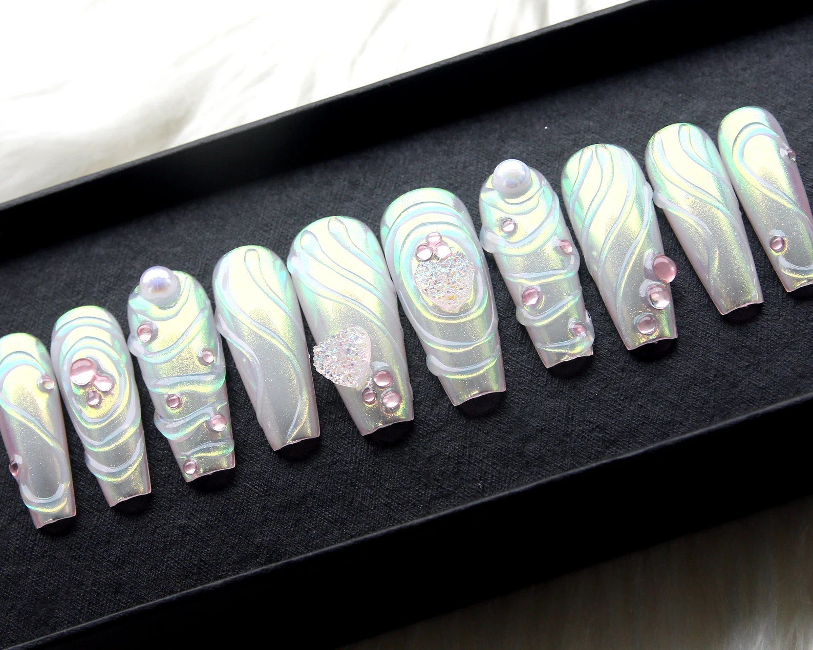 Pearl Aurora Chrome Nails | Y2K Kawaii Press On With Iridescent Finish V194 - Image 3