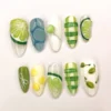 Hand-Painted Lemon Lime Plaid Press-On Nails