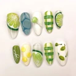 Hand-Painted Citrus and Plaid Press On Nails | Green and White Lemon Lime Nail Design | 10 Piece Press-On Nails