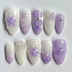 Lavender Floral Press On Nails | Purple Ombre Nail Set | Dreamy Hand-painted 3D Flower Fairycore Nail Art | Perfect for Weddings