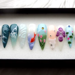 Koi Fish Press On Nails: Japanese Floral 3D Stiletto False Nails