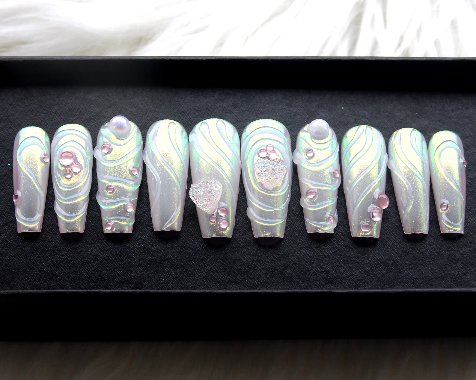 Pearl Aurora Chrome Nails | Y2K Kawaii Press On With Iridescent Finish V194