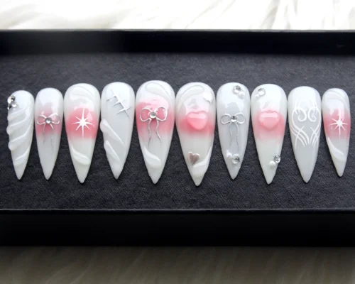 Milky White Silver Bow 3D Heart Coquette Press-On Nails
